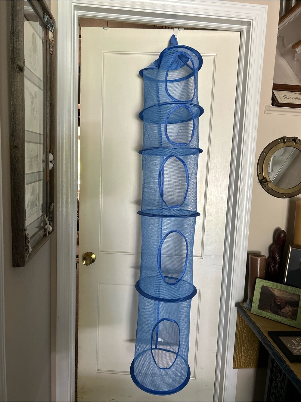 Blue Hanging Mesh Closet Organizer - Home Storage & Organization-hook/eye on rod